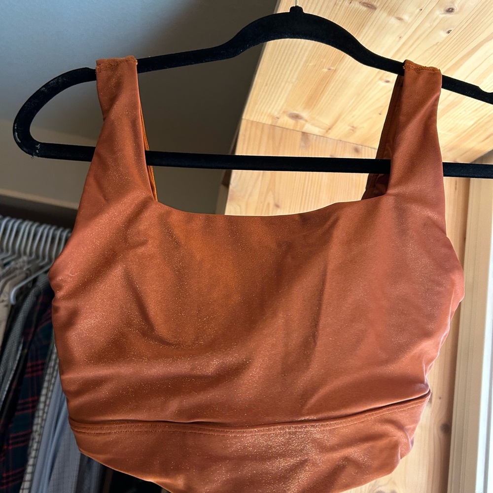 Calia orange shimmer square neck sports bra